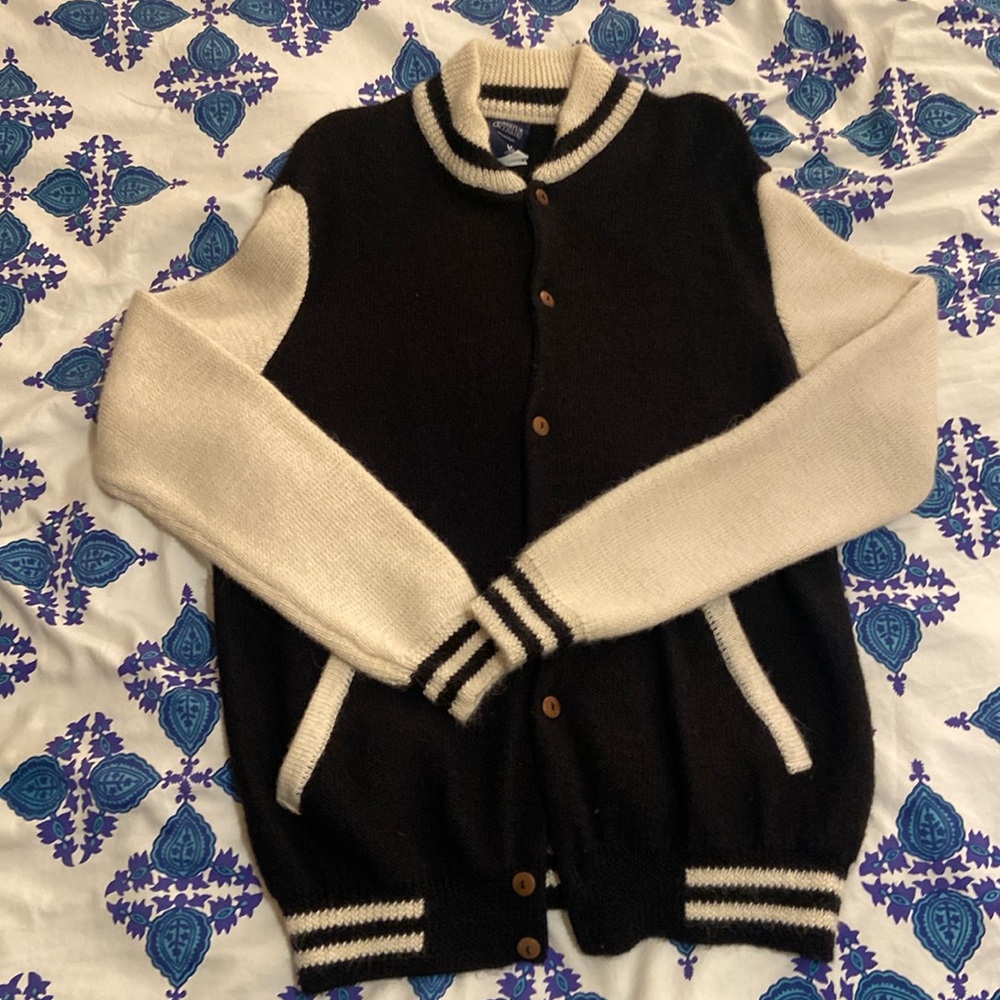 Monsieur Lacenaire black and white 100% alpaca varsity sweater jacket